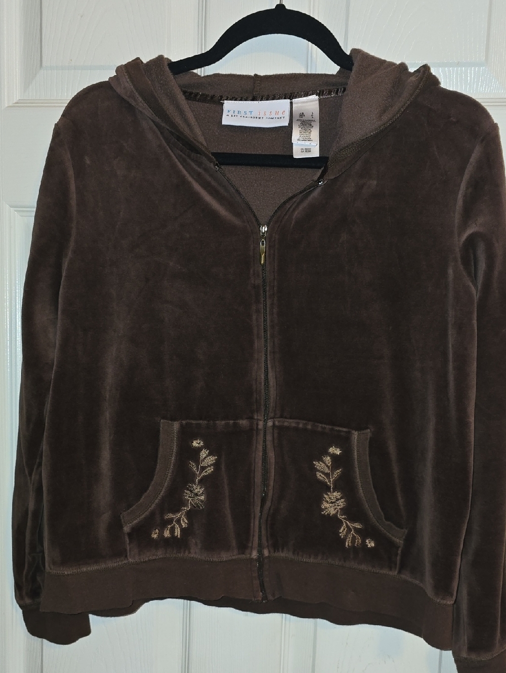 First Issue Women's Brown Velvet Teddy Jacket with Hood and Embroidered Pockets